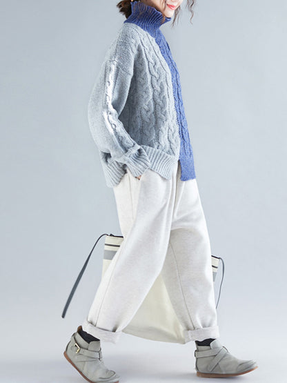 Casual Contrast Color Split-Front High-Neck Long Sleeves Sweater Tops