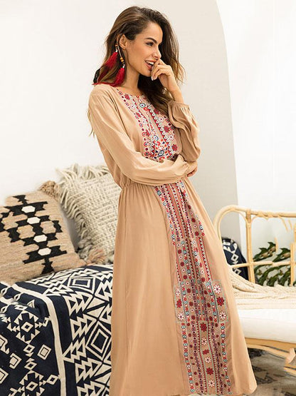 Round-neck Long Sleeves Printed Maxi Dress