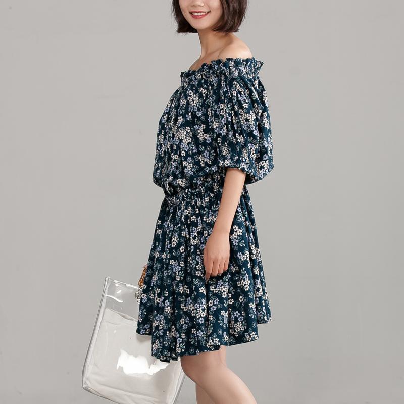 Cotton Off Shoulder Floral Navy Blue Dress