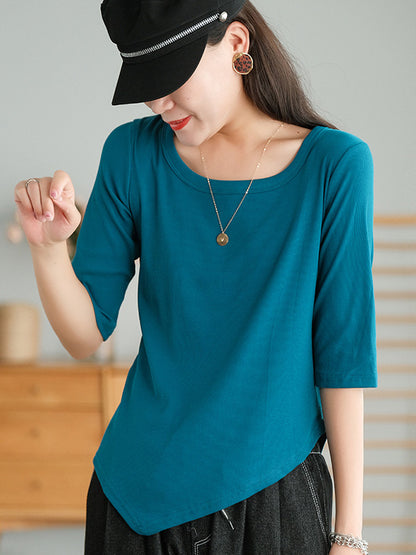 Simple Asymmetric Irregular Clipping Round-Neck Short Sleeves T-Shirt