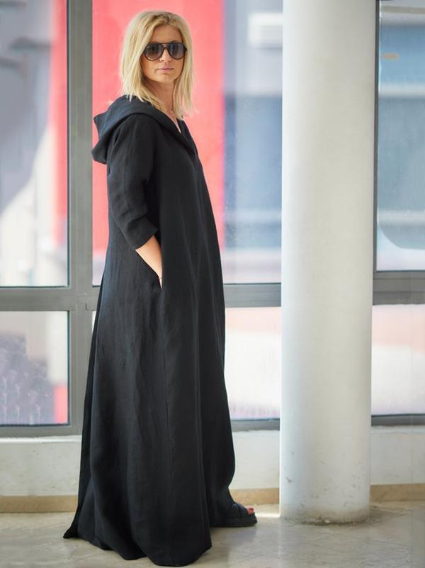 Loose Black Ramie Cotton With Hat Linen Dress