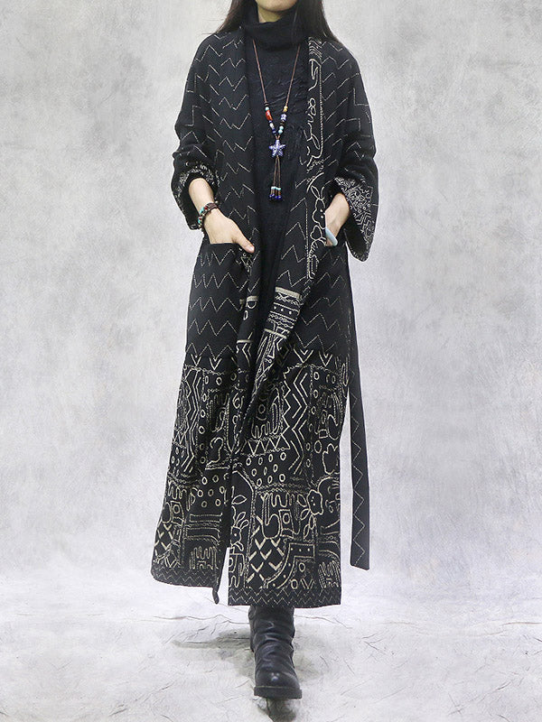 Artistic Retro Loose National Printed Tied Lapel Collar Raglan Sleeves Outwear
