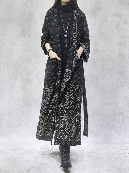 Artistic Retro Loose National Printed Tied Lapel Collar Raglan Sleeves Outwear