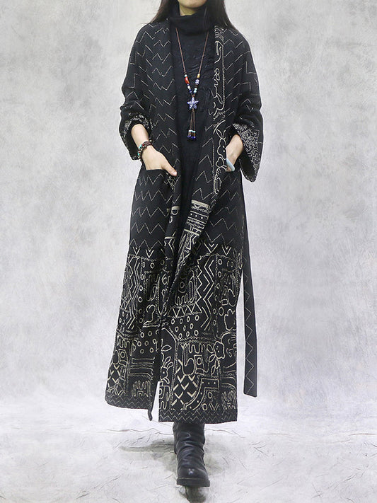 Artistic Retro Loose National Printed Tied Lapel Collar Raglan Sleeves Outwear
