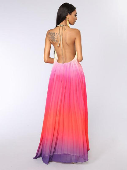 Backless Halterneck Gradient Maxi Dress