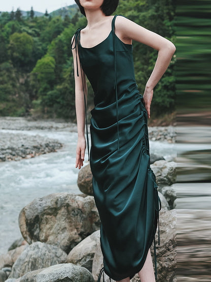 Fashion Ruffled Drawstring Bandage Spaghetti-Neck Midi Dress