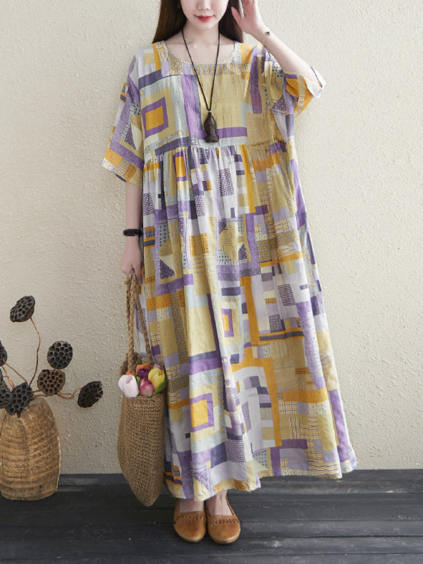 Artistic Retro Ramie Cotton Color-Block Pleated Round-Neck Half Sleeves Midi Dress