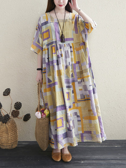 Artistic Retro Ramie Cotton Color-Block Pleated Round-Neck Half Sleeves Midi Dress