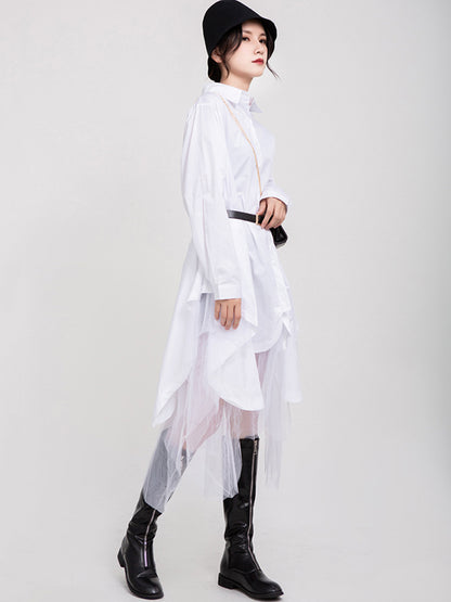 Urban Black&White Lapel Long Sleeves Shirt Dress