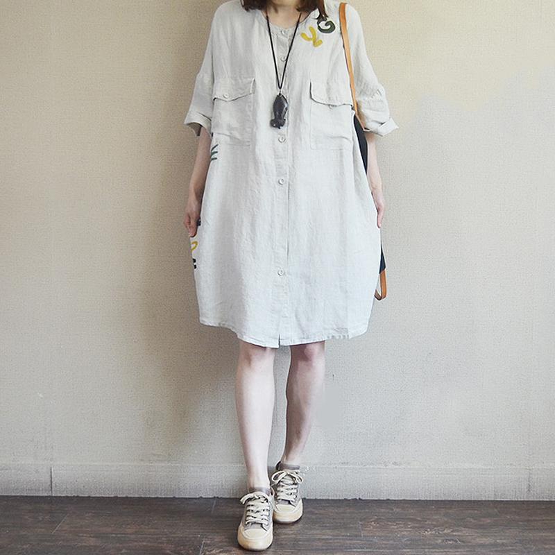 Casual Loose Letter Embroidery Midi Shirt Dress