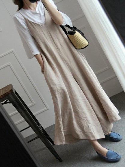 Loosen Cotton Casual Jumpsuit Pants in Beige or Navy-Blue Color