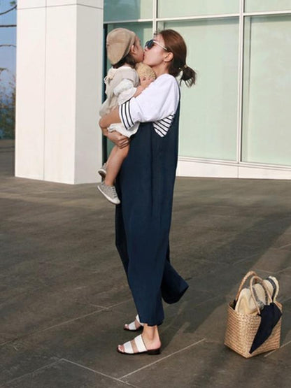 Loosen Cotton Casual Jumpsuit Pants in Beige or Navy-Blue Color