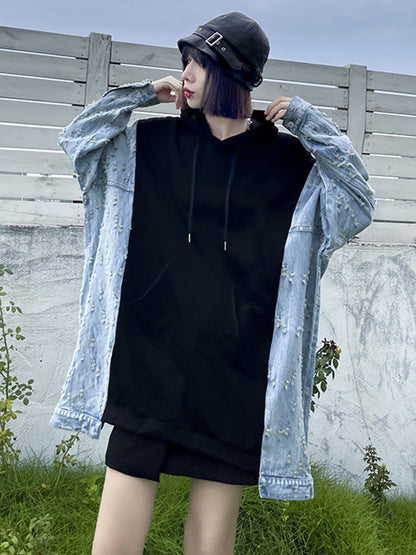 Original Stylish Loose Denim Split-Joint Hooded Long Sleeves Hoodies