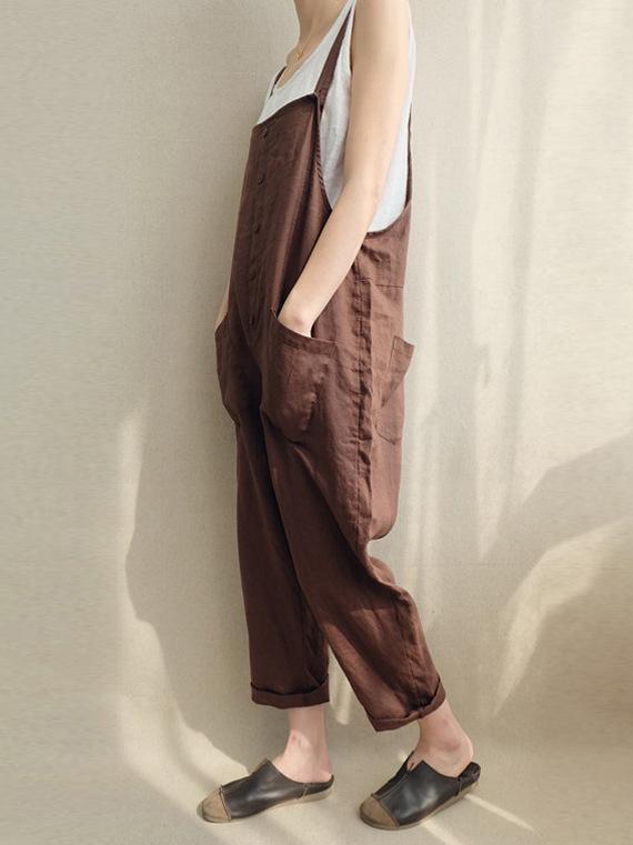 Cotton Casual Woman Jumpsuit in Black or Coffee Color