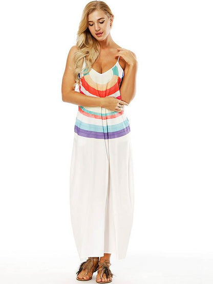 Striped Printed Slim Fit V-neck Pockets Maxi Dress