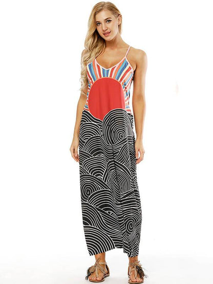 Printed Slim Fit V-neck Pockets Maxi Dress