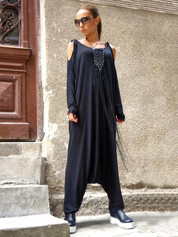 Loose Black Cold-shoulder Long Sleeves Jumpsuits