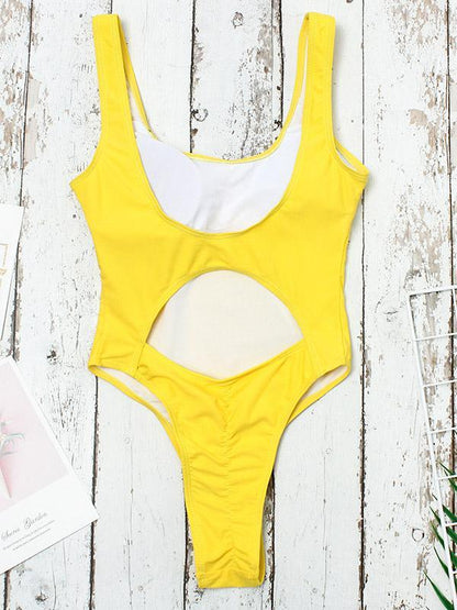 Hollow Back Plain One-piece Swimwear
