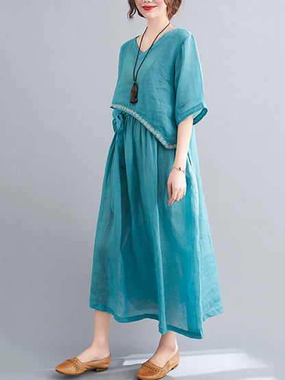 Artistic Retro Solid Color Split-Joint Pleated Tied Embroidered Half Sleeves V-Neck Midi Dress