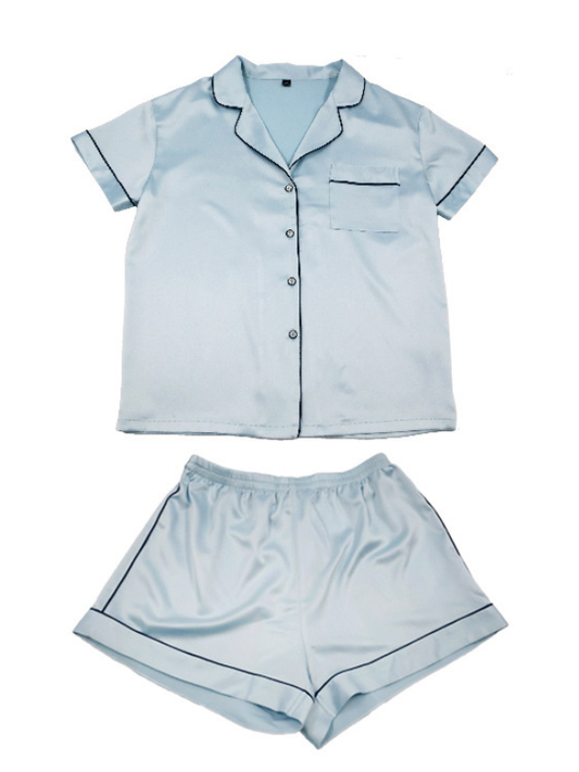 Casual Solid Color Notched Collar Short Sleeves Shirts+ Elastics Shorts Pajama
