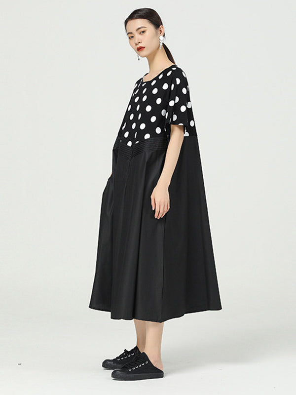 Original Split-Joint Polka-Dot Contrast Color Round-Neck Short Sleeves Midi Dress