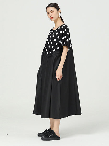 Original Split-Joint Polka-Dot Contrast Color Round-Neck Short Sleeves Midi Dress