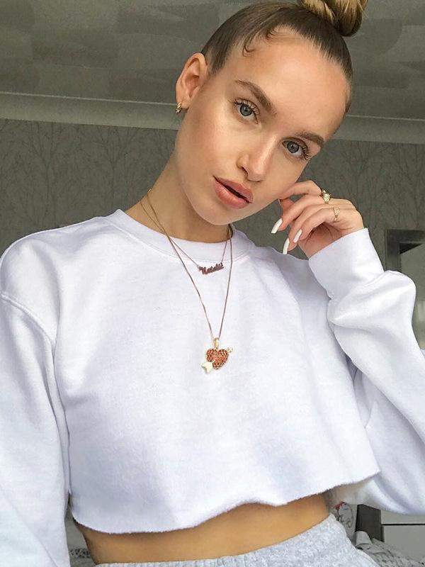 Solid Bare Midriff Round-neck Sweatshirt