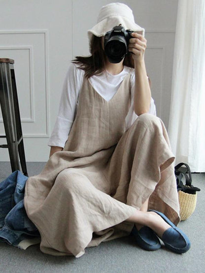 Loosen Cotton Casual Jumpsuit Pants in Beige or Navy-Blue Color