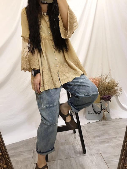 Retro Lace Embroidered Gauze Sleeves Shirt