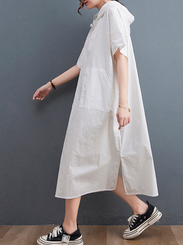 Urban Black&White Split-Side Short Sleeves Hooded Midi Dress