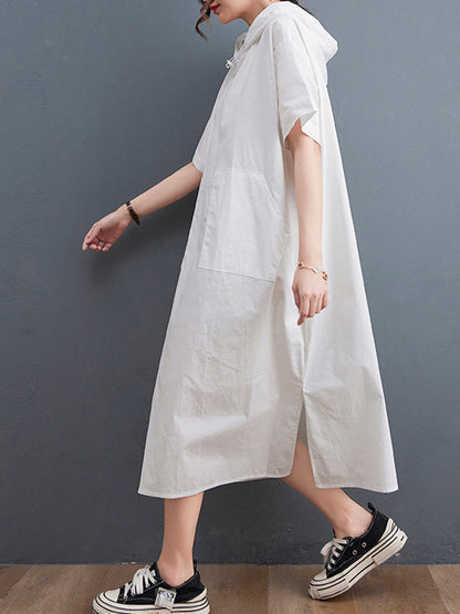 Urban Black&White Split-Side Short Sleeves Hooded Midi Dress