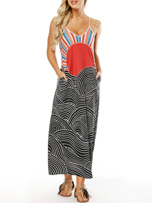 Printed Slim Fit V-neck Pockets Maxi Dress