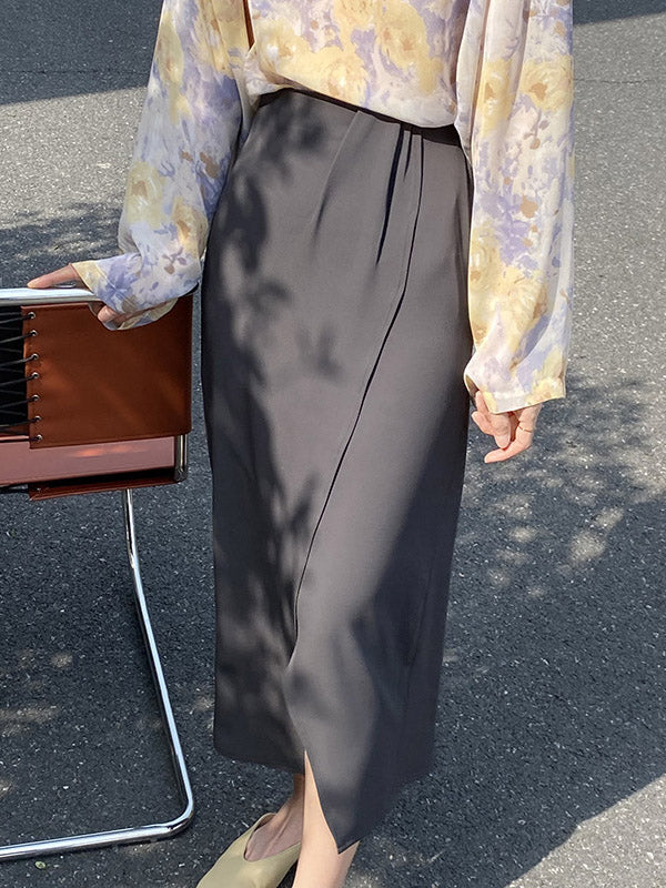 Stylish Solid Color Asymmetric Split-Front Elastics A-Line Skirts