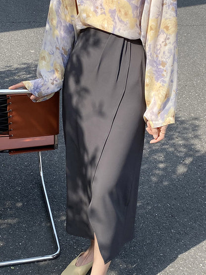Stylish Solid Color Asymmetric Split-Front Elastics A-Line Skirts