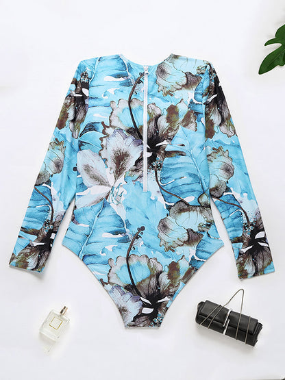 Long-Sleeves Sun-Protection Floral Printed One-Piece Wetsuits