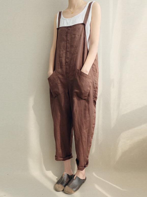 Cotton Casual Woman Jumpsuit in Black or Coffee Color