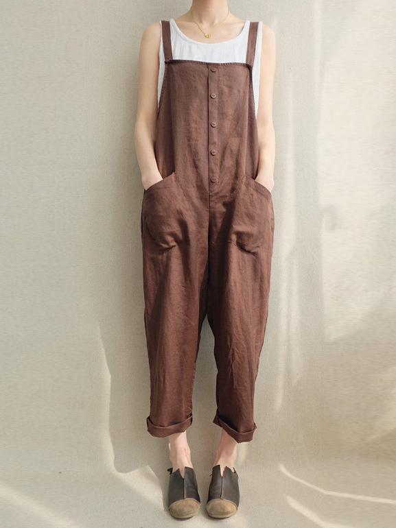 Cotton Casual Woman Jumpsuit in Black or Coffee Color