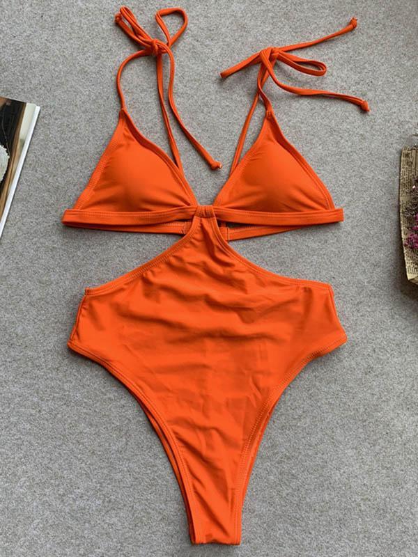 Solid Color Hollow Bandage Bikini Swimsuit