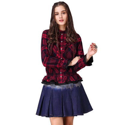 Boho New Cotton Blusas Stand Collar Single Breasted Ruffles Hem Shirt