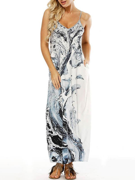 Printed Spaghetti-neck Pockets Maxi Dress