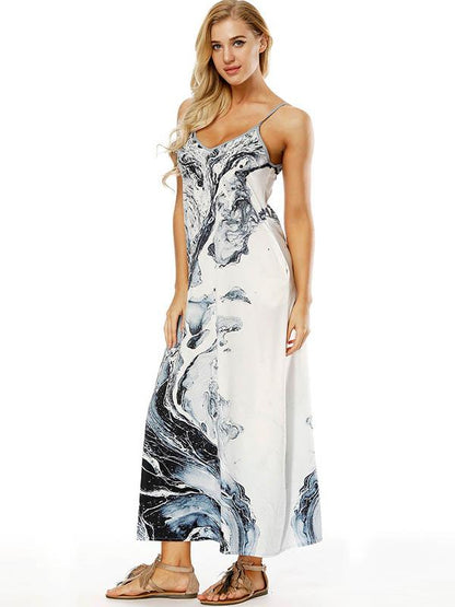 Printed Spaghetti-neck Pockets Maxi Dress