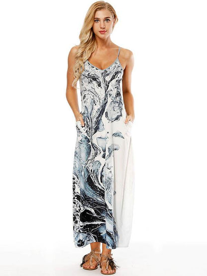 Printed Spaghetti-neck Pockets Maxi Dress