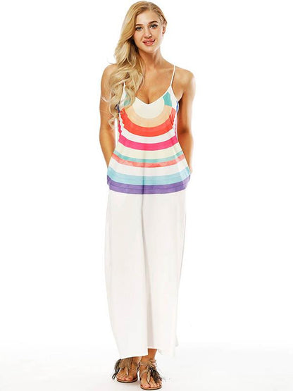 Striped Printed Slim Fit V-neck Pockets Maxi Dress