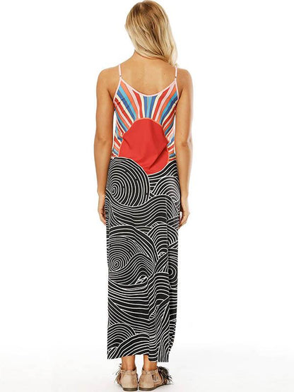 Printed Slim Fit V-neck Pockets Maxi Dress
