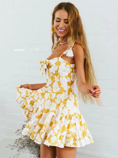 Printed Spaghetti-neck Mini Dress