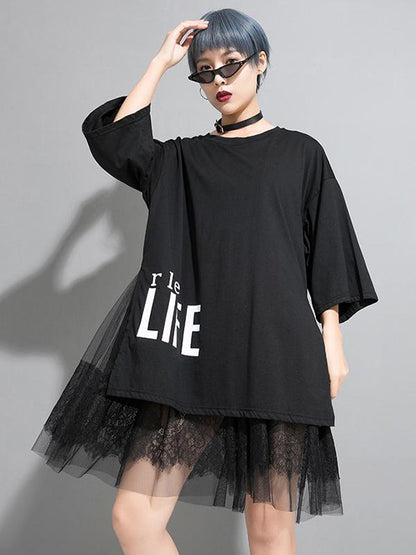 Mesh Asymmetric Printed Split-joint T-Shirt Dress