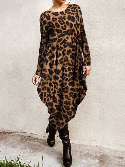 Loose Leopard Long-Sleeves High-Low Long Dress