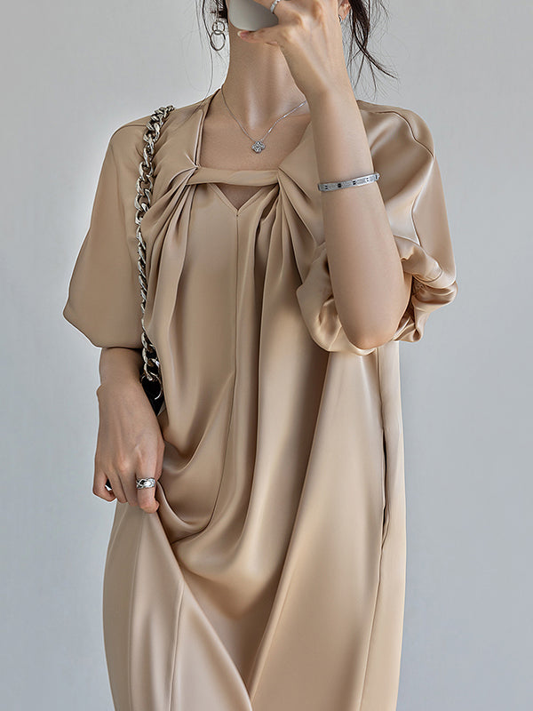 Original Stylish Solid Color Loose Pleated Midi Dress