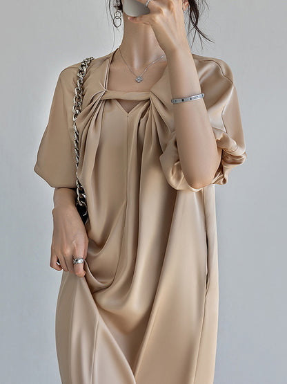Original Stylish Solid Color Loose Pleated Midi Dress