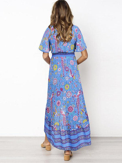 Printed Flared Sleeve Bohemian Flowers Maxi Dress